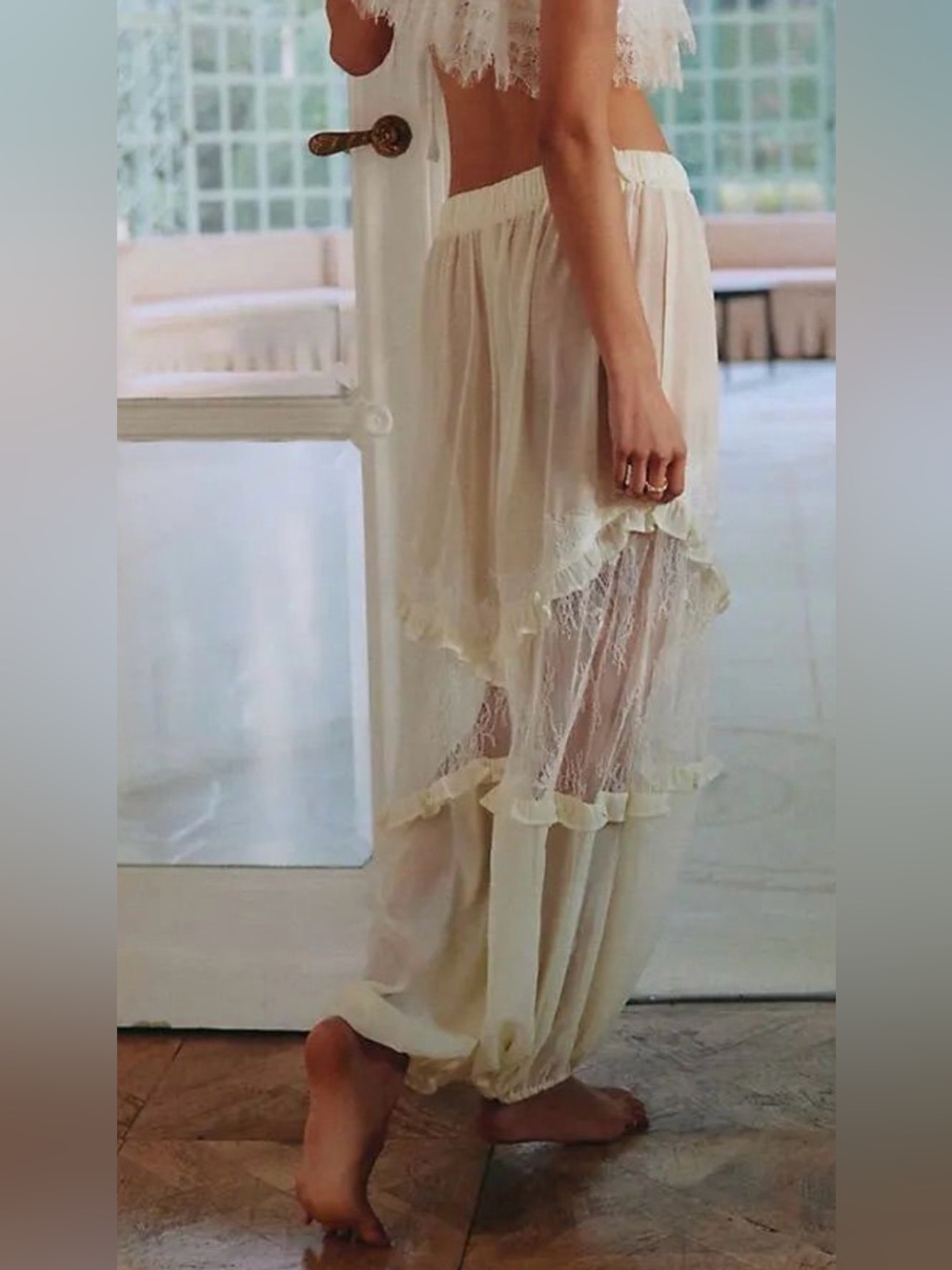 NWT Lyrebird by Anthropology Sheer Lace-Trim Balloon Lounge Pants in Eggnog - Picture 4 of 10